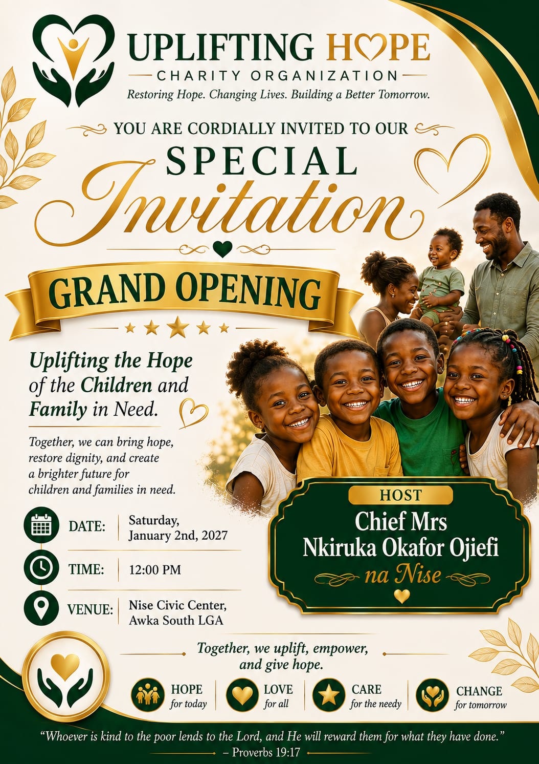 Uplifting Hope Charity Organization Grand Opening invitation